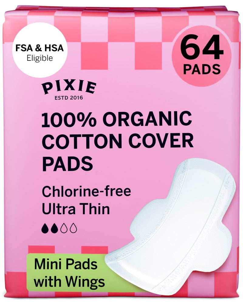 Pixie Organic Cotton Mini Pads with Wings for Women & Teens - Ultra Thin, Light Absorbency Menstrual Pads - Hypoallergenic, Unscented & Biodegradable - 64 Count